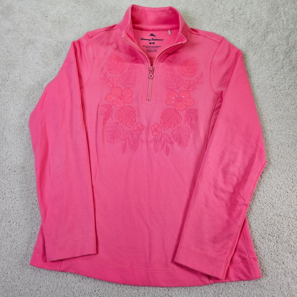 Tommy Bahama Pink Floral Embroidered Quarter Zip Pullover Top Size M Vibrant